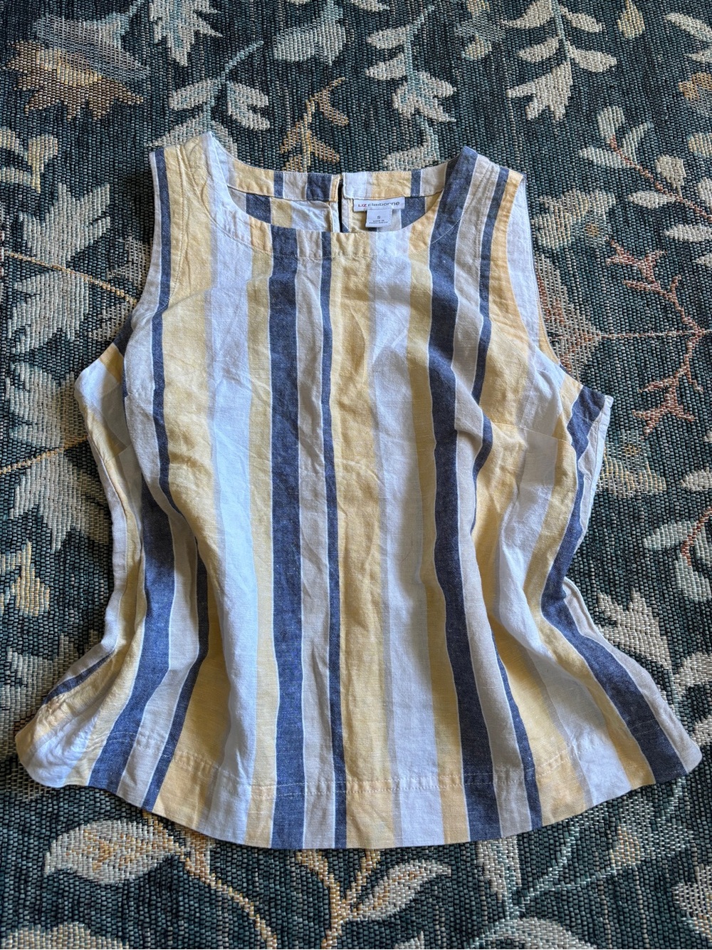 Liz Claiborne Striped Sleeveless Linen-Blend Tank in Blue & Yellow Size S